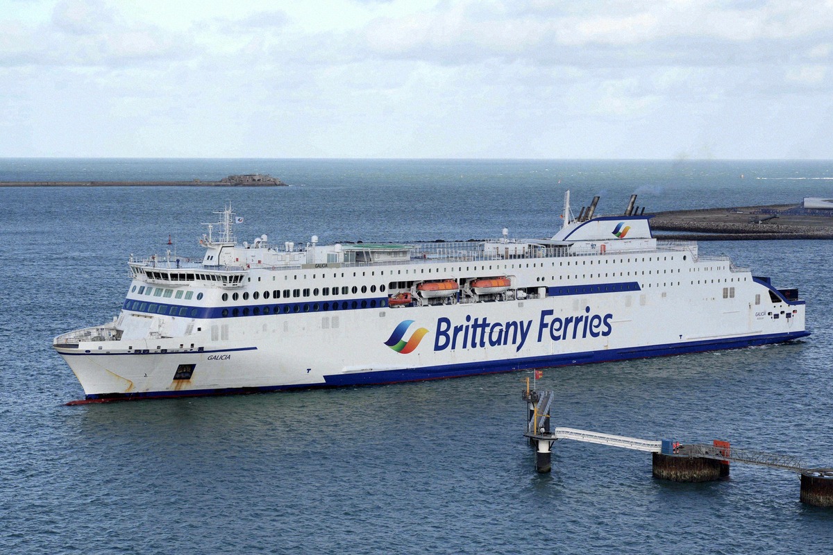 A Brittany Ferries ship entering Cherbourg harbour, one end of the Portsmouth crossing