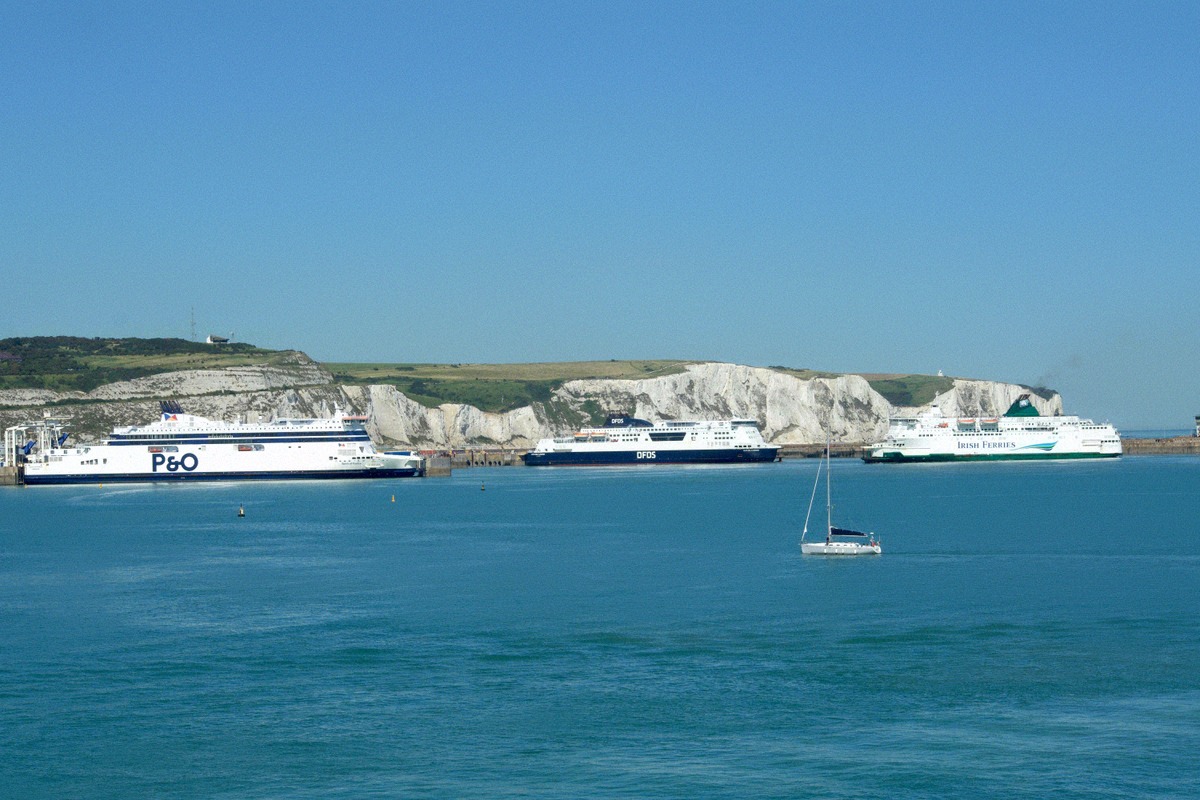 White cliffs of Dover with ferries off the harbour entrance