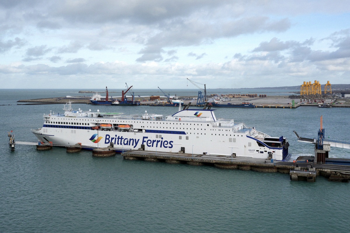 The Brittany Ferries Galicia berthed at the linkspan in Cherbourg harbour