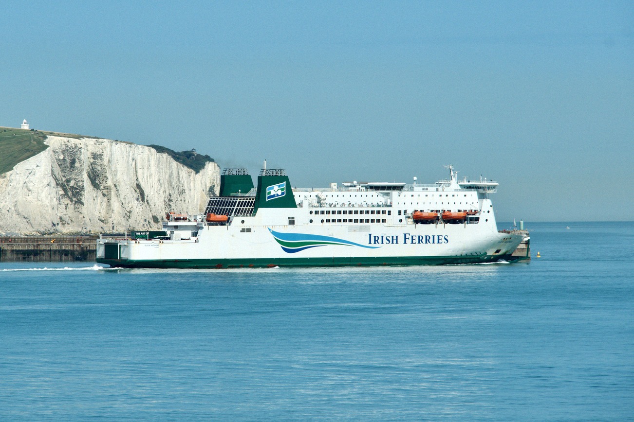 The Irish Ferries vessel Isle of Inishmore passing the white cliffs of Dover