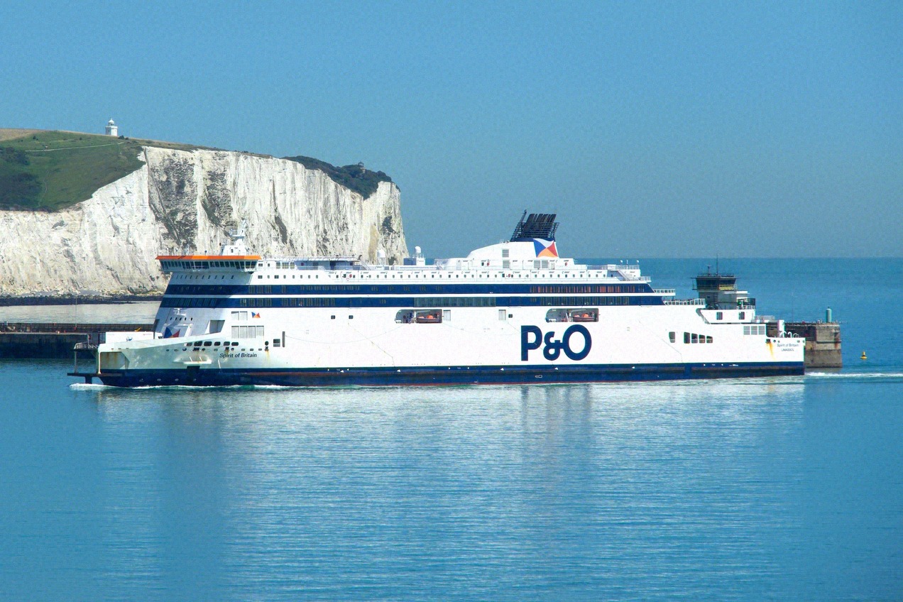 The P&O ferry Spirit of Britain leaving Dover below the white cliffs