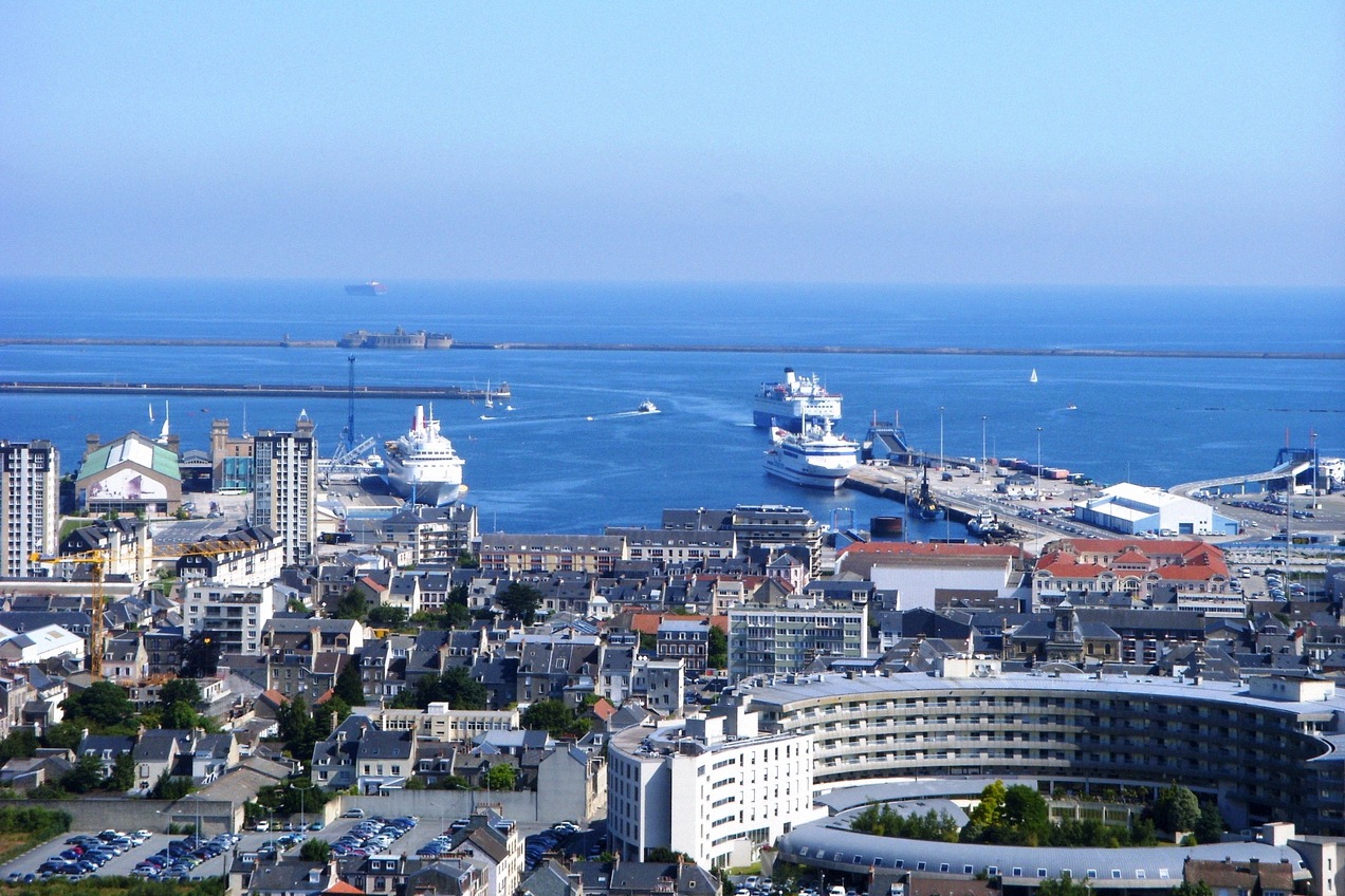 Cherbourg harbour panorama with a ferry berthed below the town