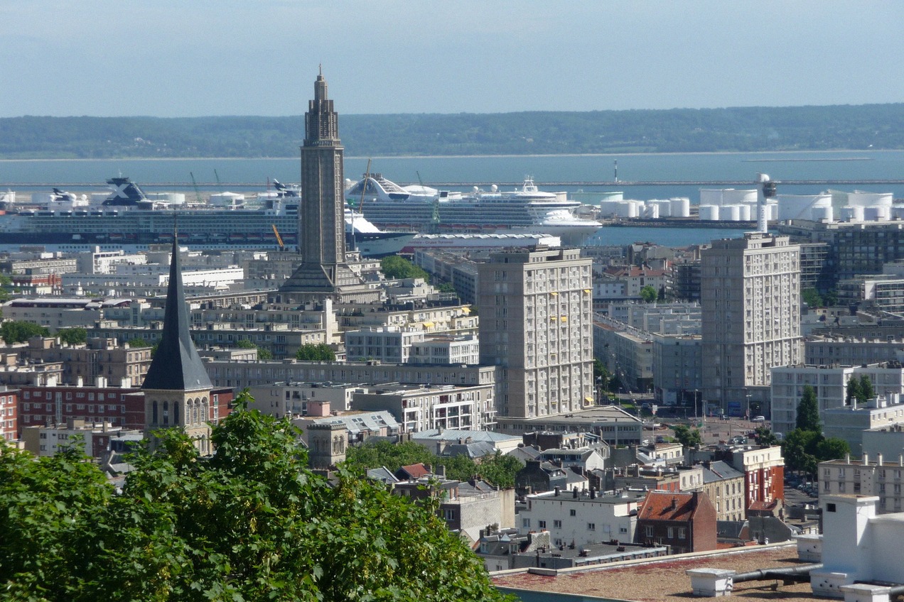 Skyline of Le Havre with the tower of Saint-Joseph church rising over the rebuilt city