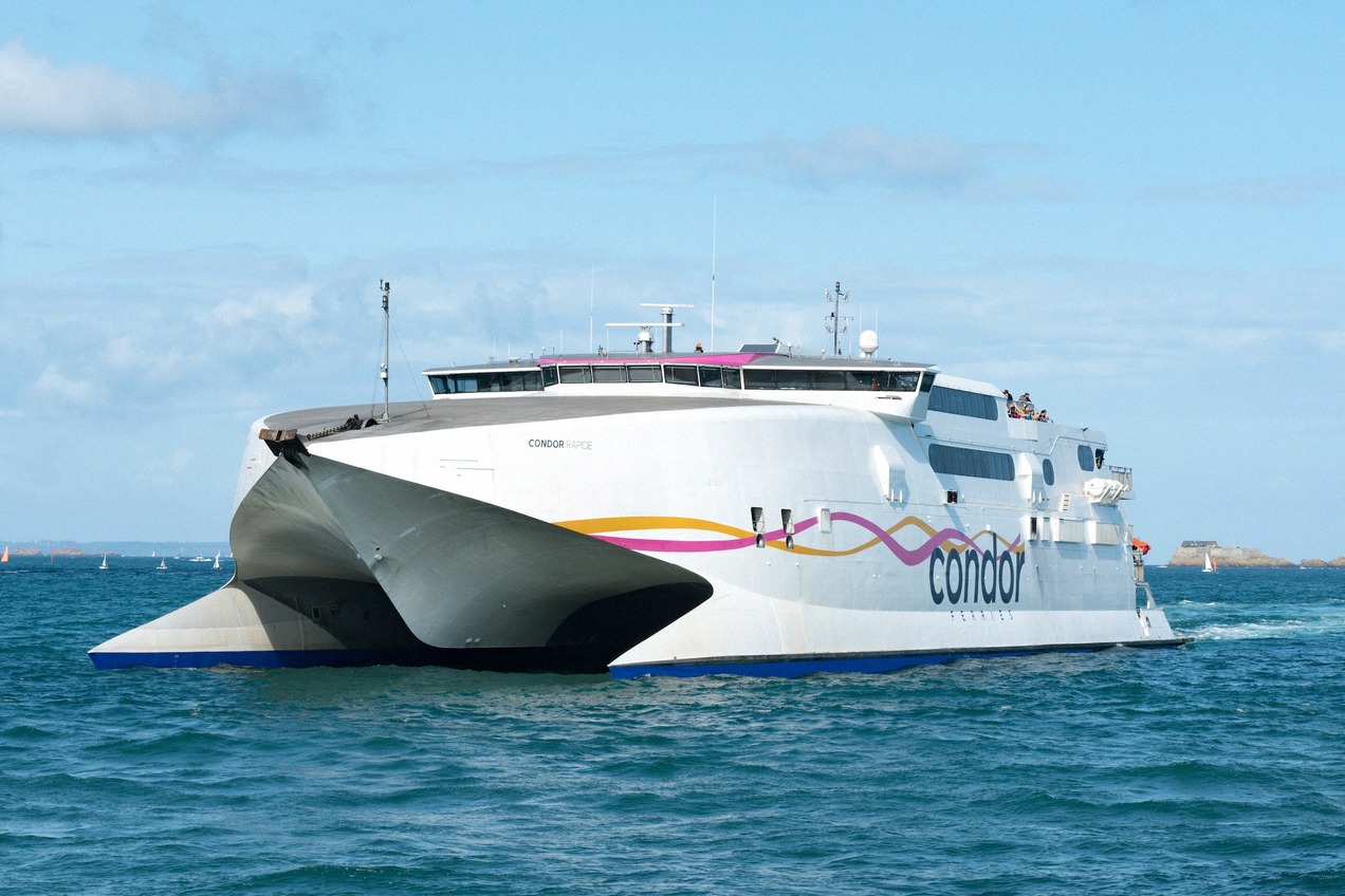 High-speed ferry at the quay - the Channel Islands services continue south to Saint-Malo