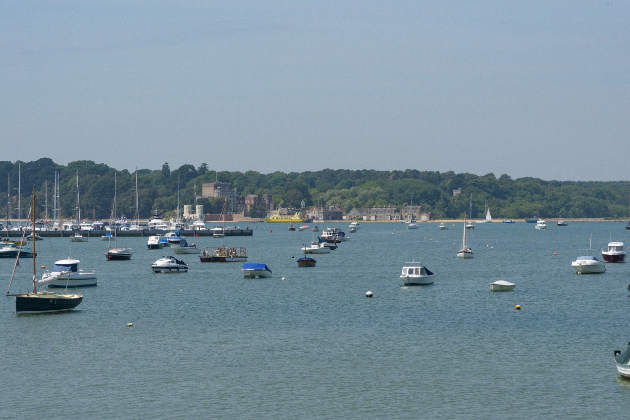 Poole Harbour with Brownsea Island - the Voyager leaves from the ferry port at Hamworthy.