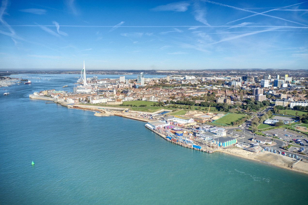 Aerial view of the Portsmouth Harbour entrance with the Spinnaker Tower and Old Portsmouth